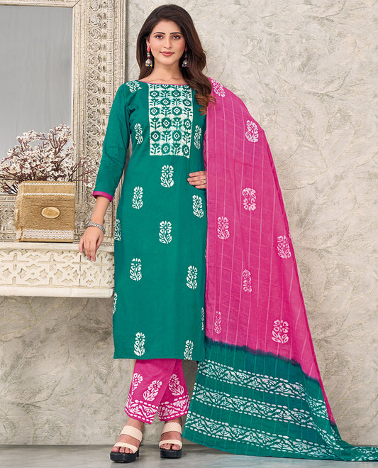Green material churidar catalog, batik printed cotton top,contrast printed bottom & batik printed dupatta