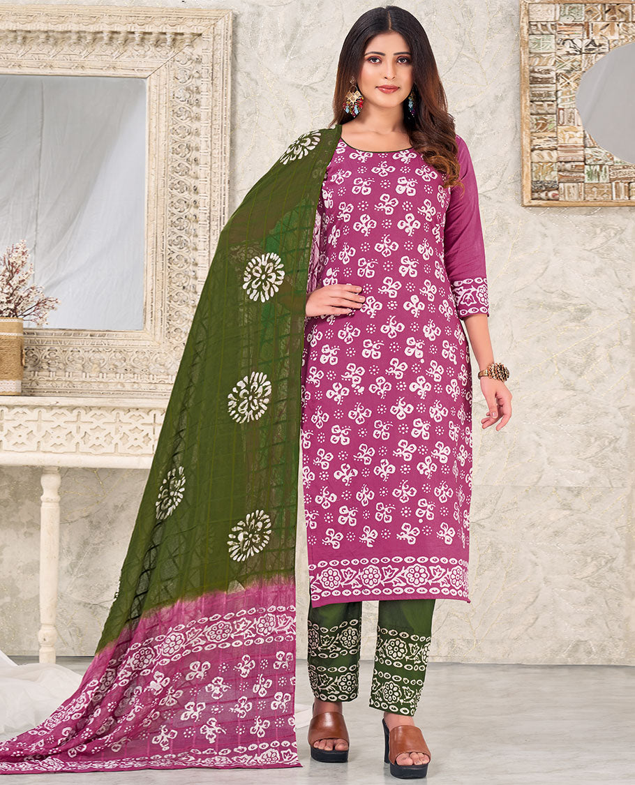 Pink material churidar catalog, batik printed cotton top,contrast printed bottom & batik printed dupatta