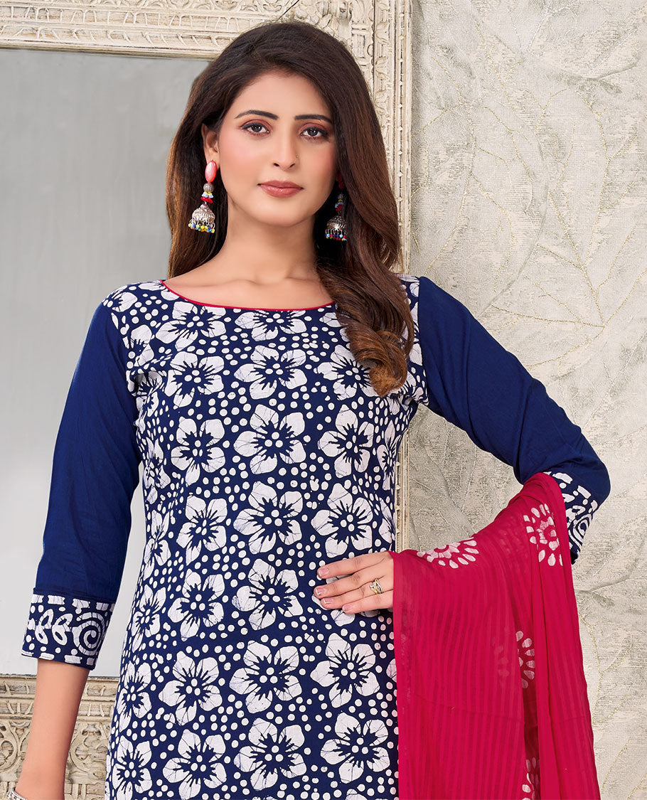 Blue material churidar catalog, batik floral printed top,contrast printed bottom & batik printed dupatta