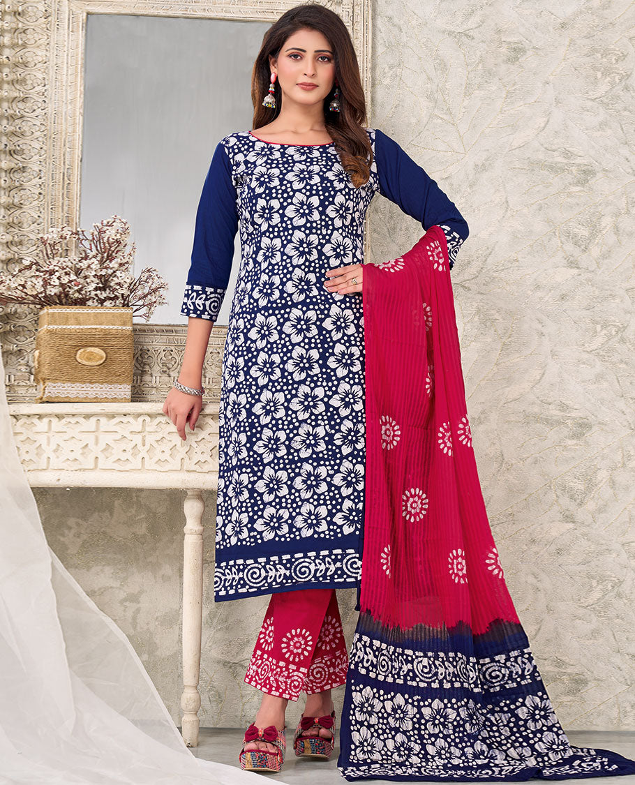 Blue material churidar catalog, batik floral printed top,contrast printed bottom & batik printed dupatta