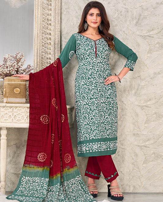 Green material churidar catalog, batik floral printed top, contrast bottom & batik printed dupatta