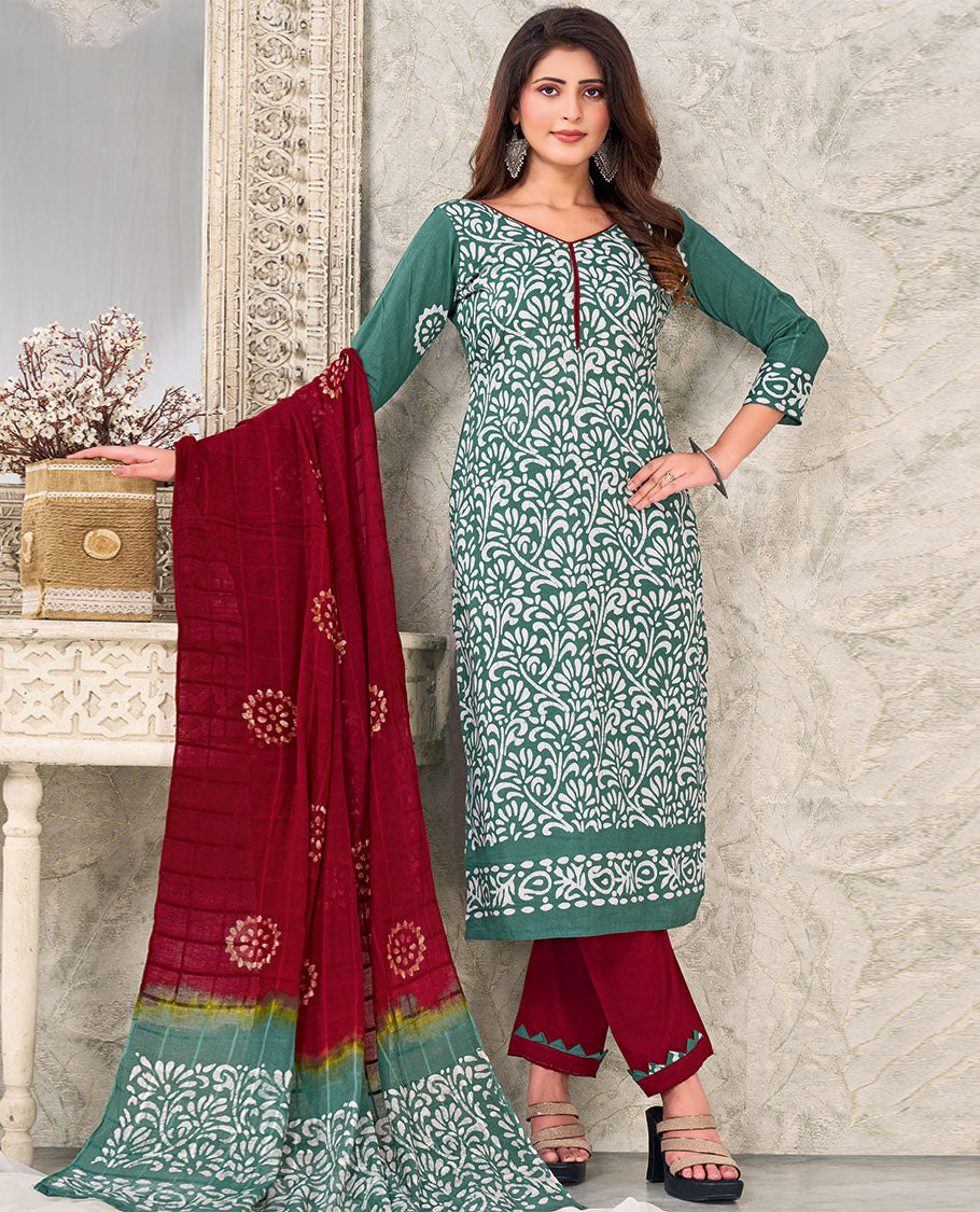 Green material churidar catalog, batik floral printed top, contrast bottom & batik printed dupatta