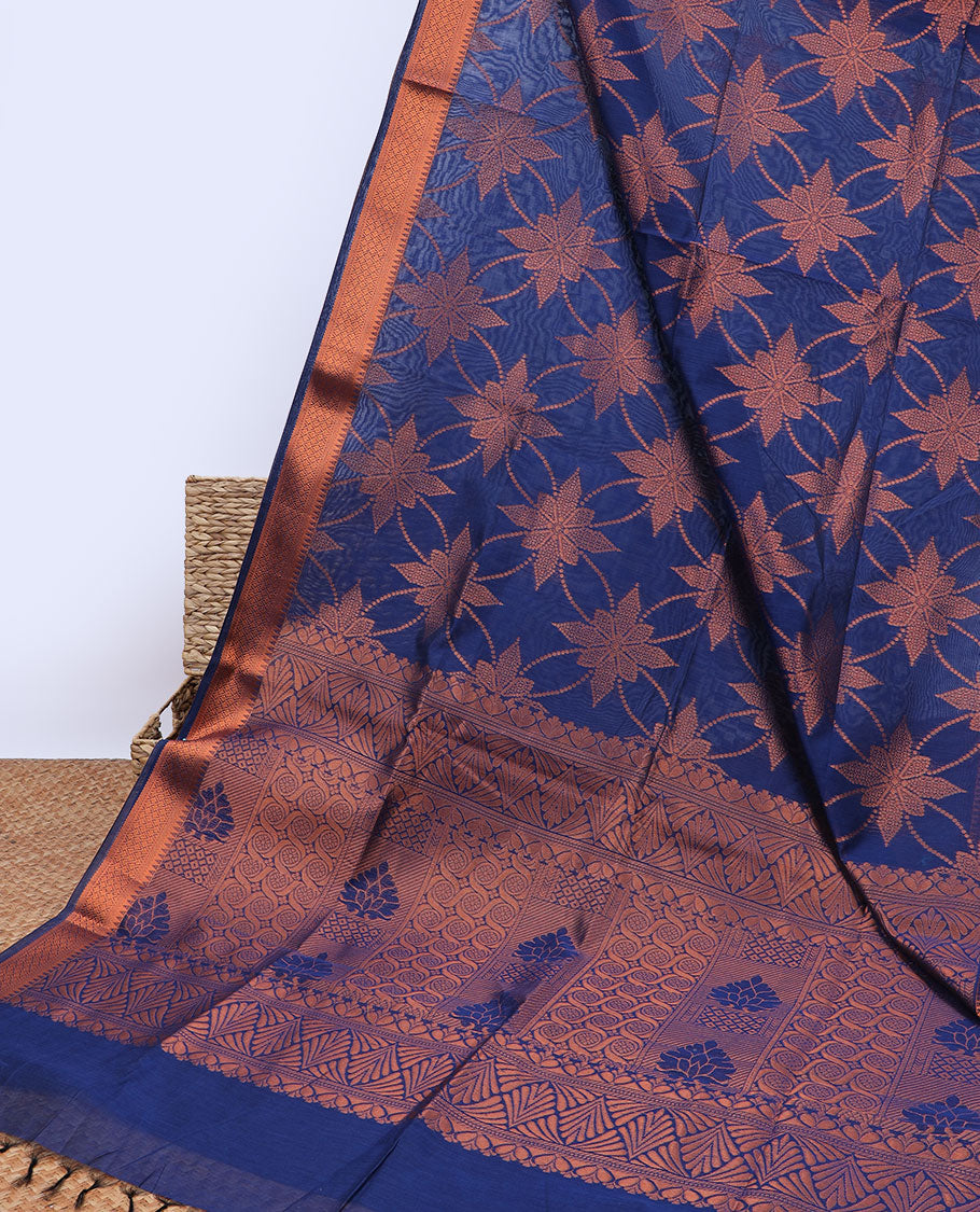 Blue floral design semi-silk cotton saree, traditional design zari border & contrast pallu of intricate designs