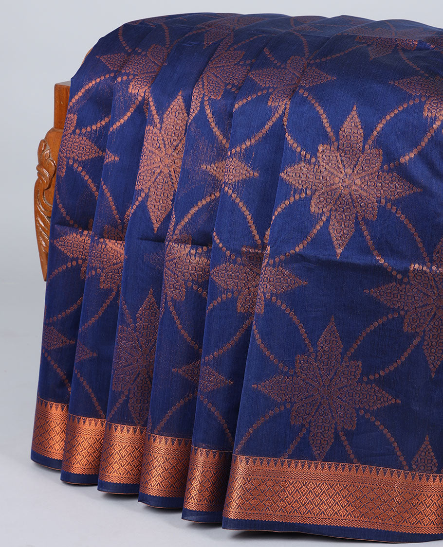 Blue floral design semi-silk cotton saree, traditional design zari border & contrast pallu of intricate designs