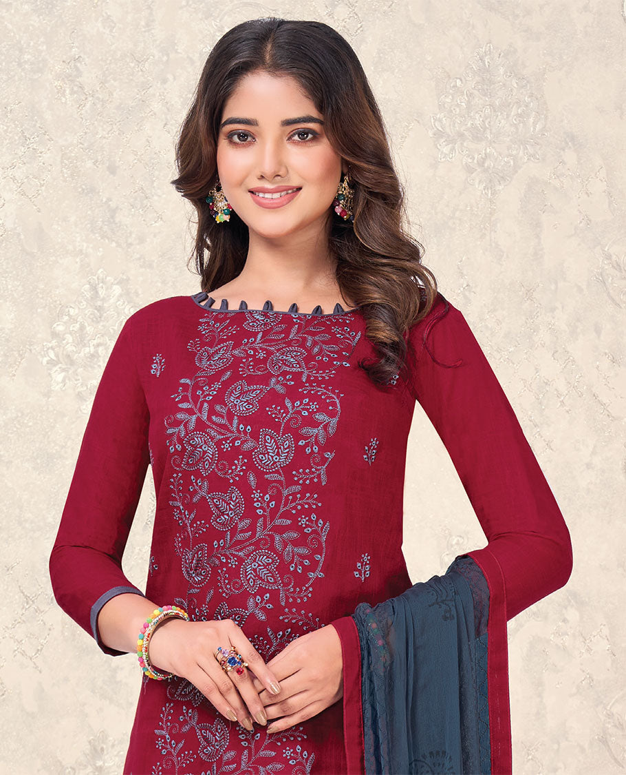 Maroon material churidMaroon material churidar catalog set,  embroidered top,  contrast plain bottom & printed dupattaar catalog set, embroidered boat-neck 3/4th sleeve top, contrast plain bottom & printed dupatta