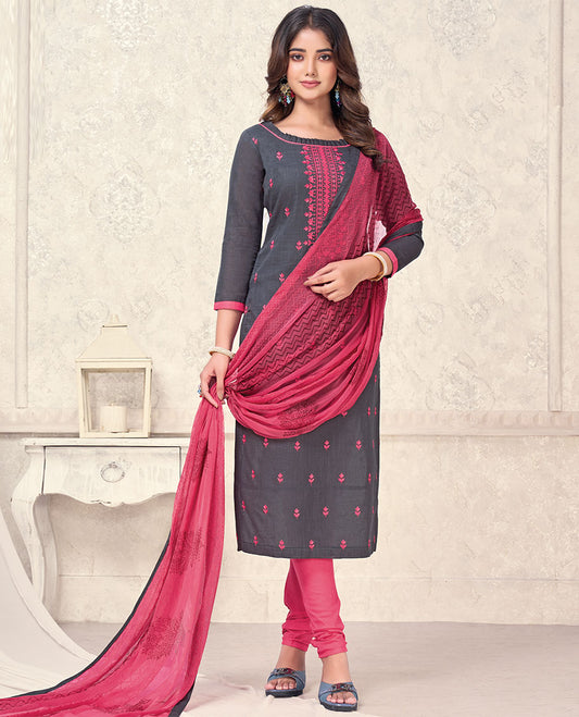 Grey material churidar catalog set, embroidered top, contrast pants, chevron printed & embroidery dupatta