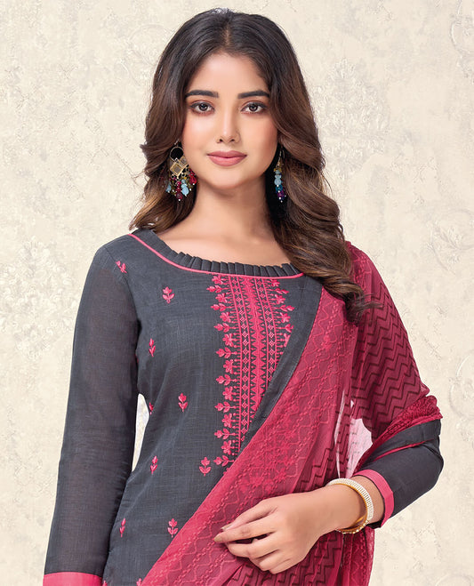 Grey material churidar catalog set, embroidered top, contrast pants, chevron printed & embroidery dupatta