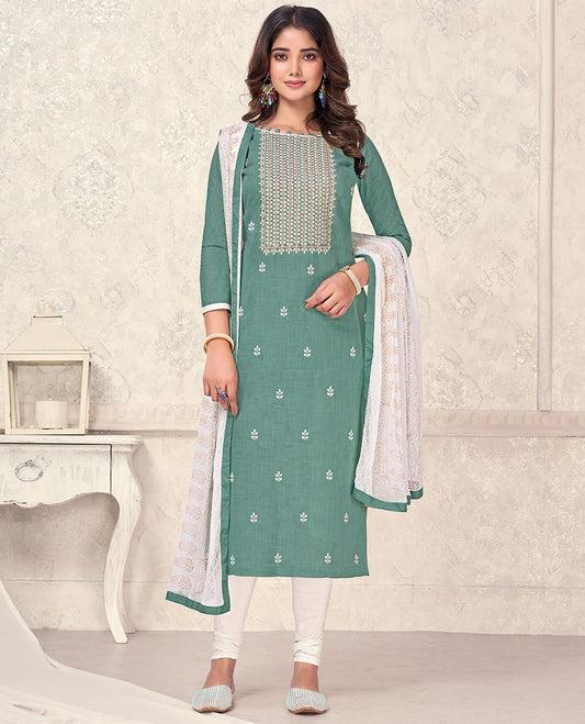 Green material churidar catalog set, embroidered top & contrast intricately designed dupatta