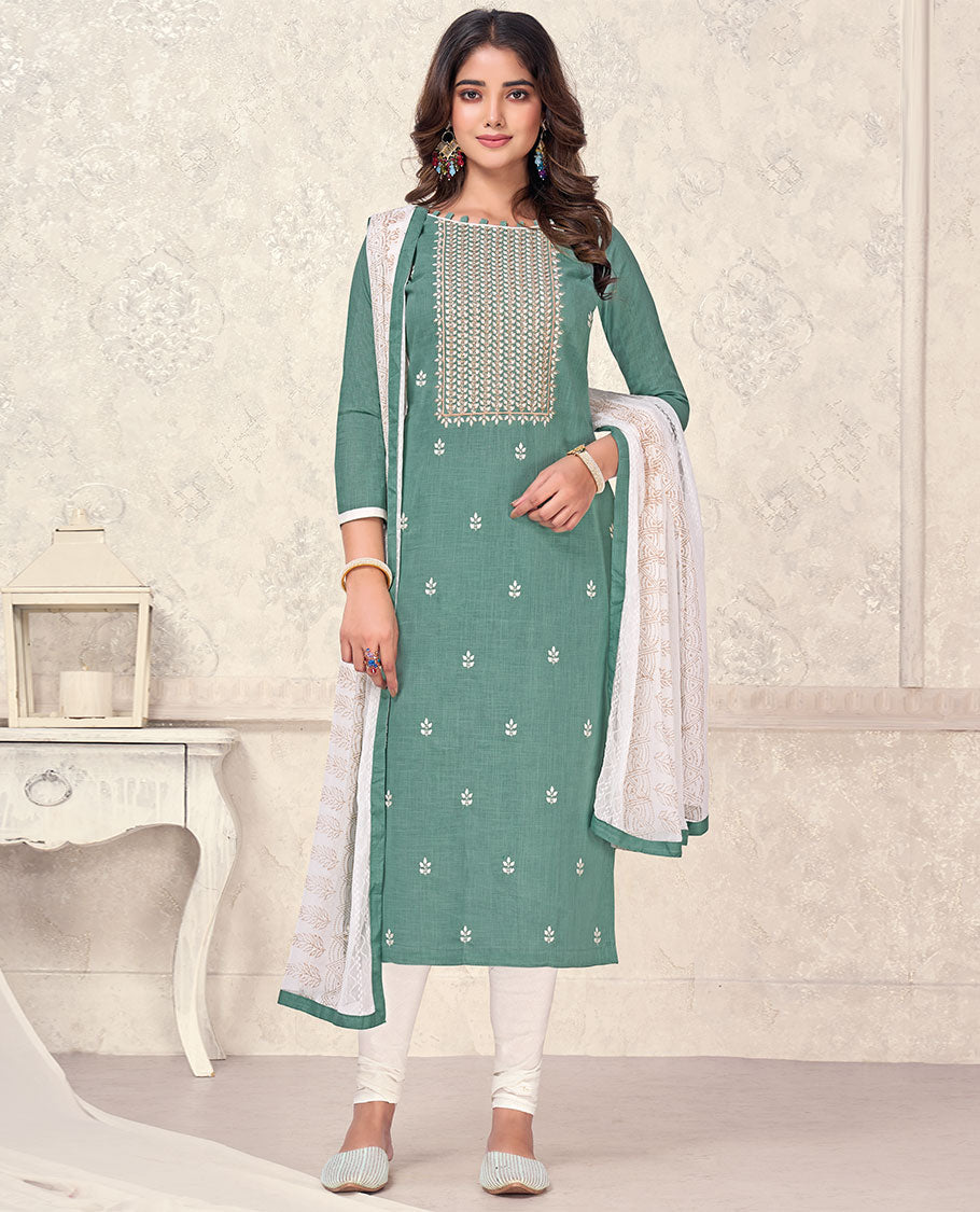 Green material churidar catalog set, embroidered top & contrast intricately designed dupatta