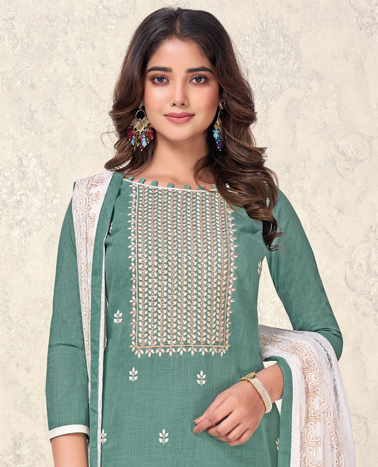 Green material churidar catalog set, embroidered top & contrast intricately designed dupatta