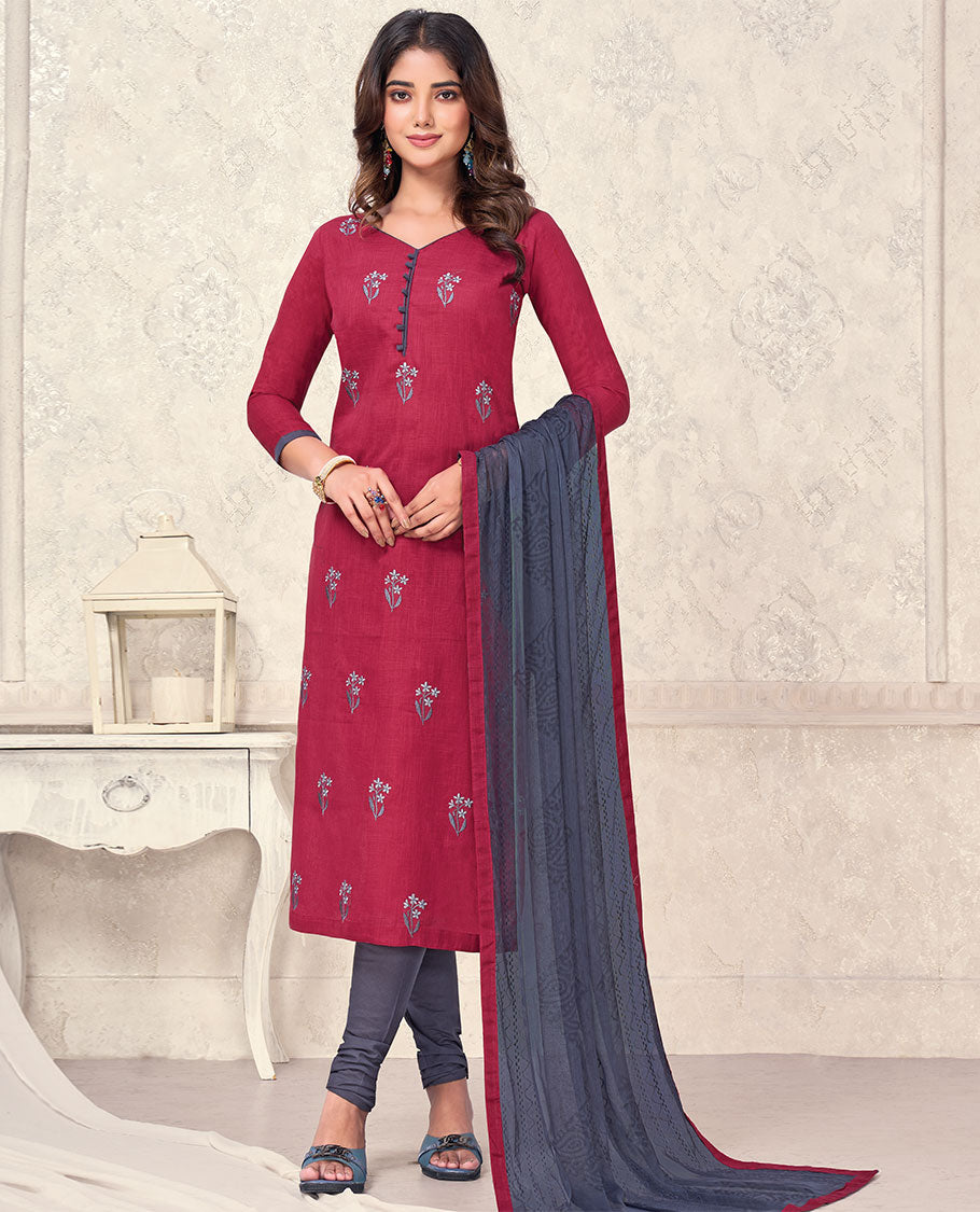 Red material churidar catalog set, embroidered cotton top, contrast intricately designed dupatta