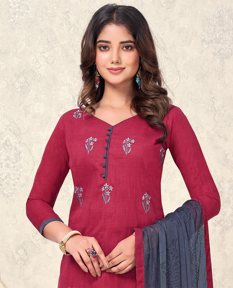 Red material churidar catalog set, embroidered cotton top, contrast intricately designed dupatta