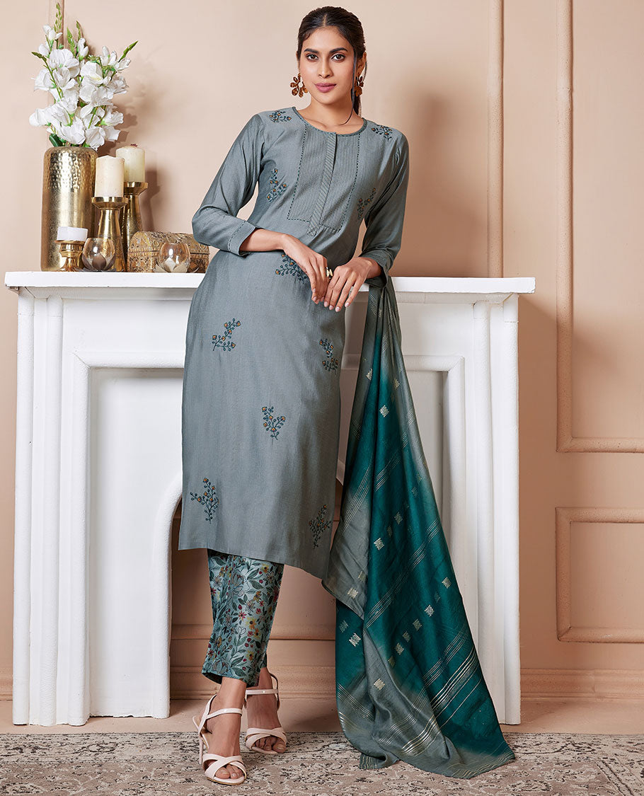 Grey readymade suit, floral embroidered 3/4th sleeve top, floral jaal straight-cut pants & zari design dupatta