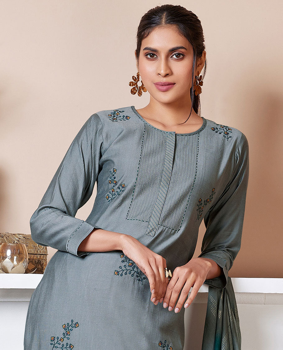 Grey readymade suit, floral embroidered 3/4th sleeve top, floral jaal straight-cut pants & zari design dupatta