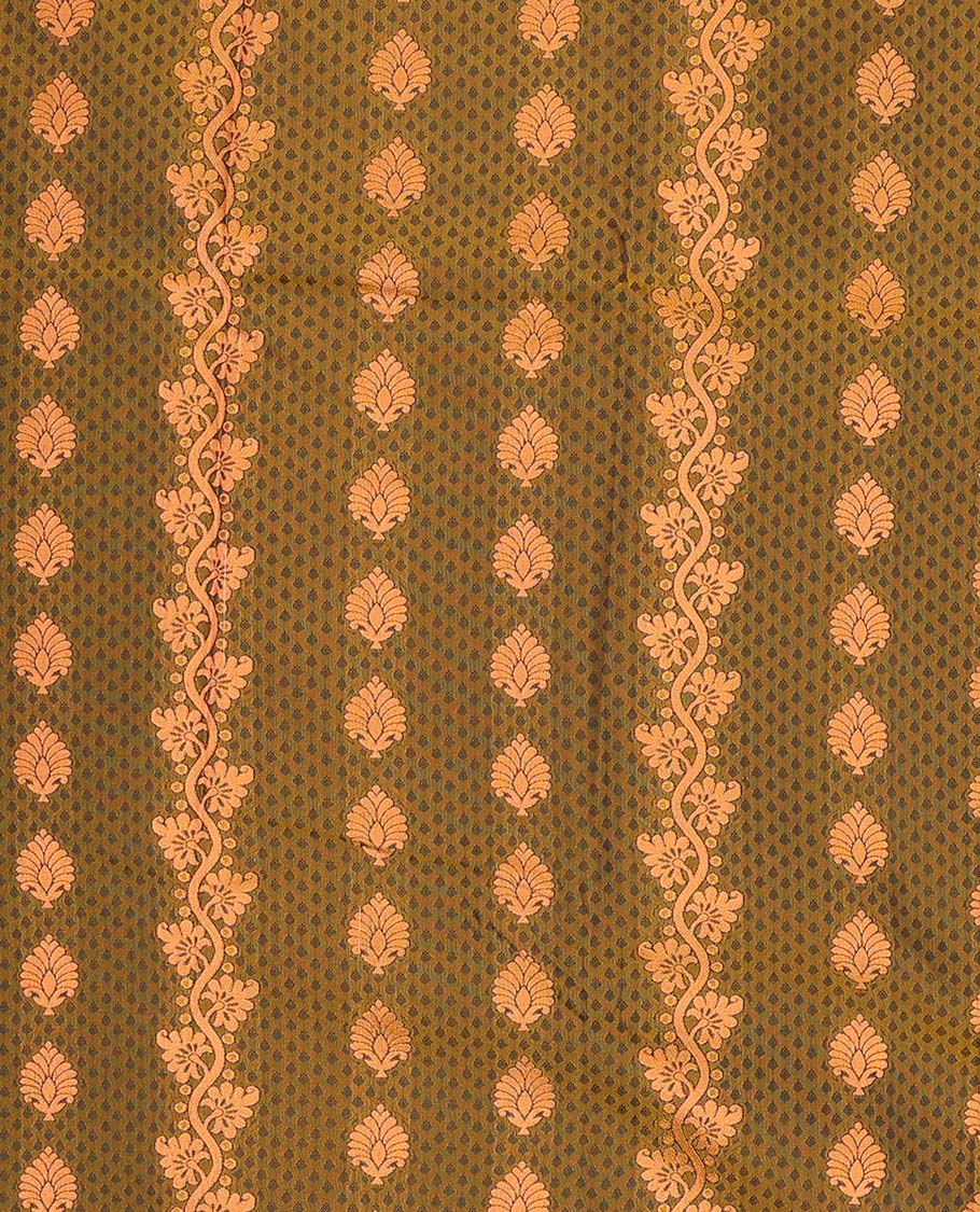 Green embossed art silk pavadai with buttas, contrast blouse & border of traditional zari designs