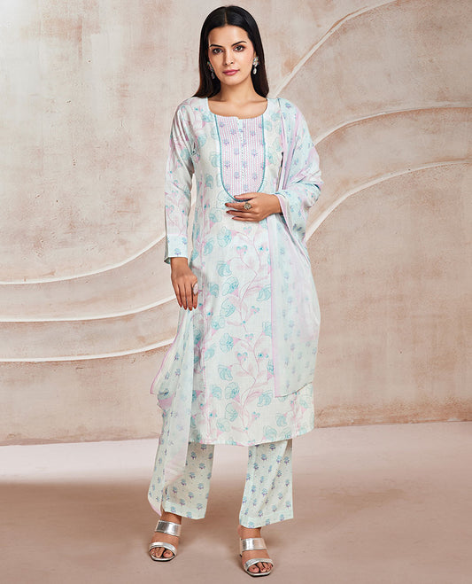 Blue readymade suit, floral vine printed round-neck & 3/4th sleeve top, floral printed dupatta & straight-cut pants