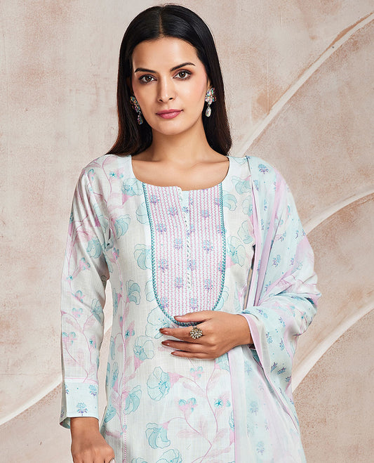 Blue readymade suit, floral vine printed round-neck & 3/4th sleeve top, floral printed dupatta & straight-cut pants