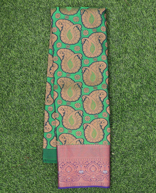 Green paisley design art silk pavadai, contrast blouse & border of traditional zari designs