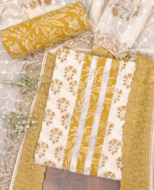 Cream chudidhar material set,floral motifs & embroidered top, floral printed bottom & floral print & embroidered dupatta