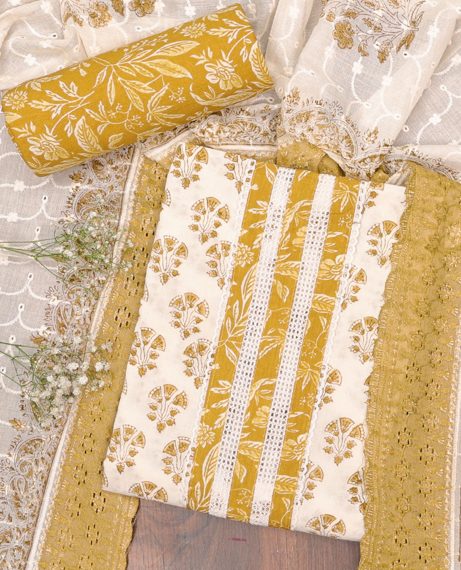 Cream chudidhar material set,floral motifs & embroidered top, floral printed bottom & floral print & embroidered dupatta