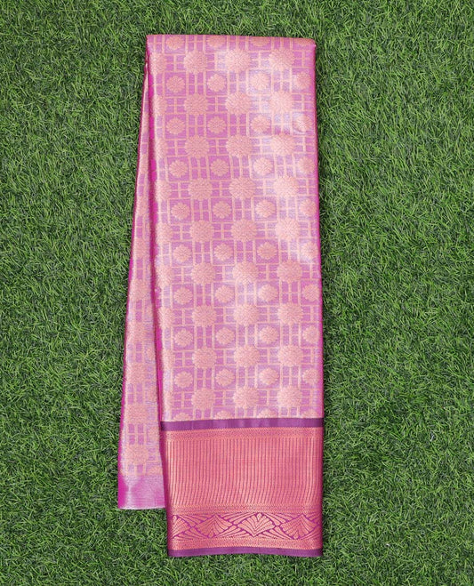 Pink jacquard art-silk pavadai, contrast blouse & border of traditional designs
