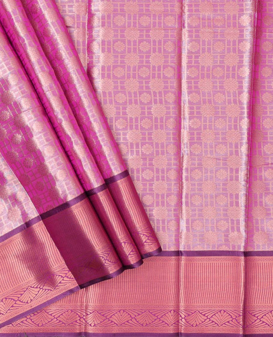 Pink jacquard art-silk pavadai, contrast blouse & border of traditional designs
