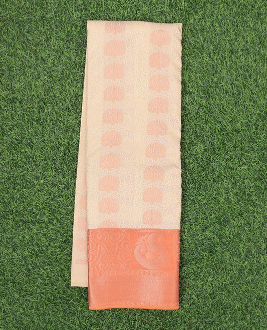 Sandal embossed art-silk pavadai with zari buttas, contrast blouse & border of traditional designs