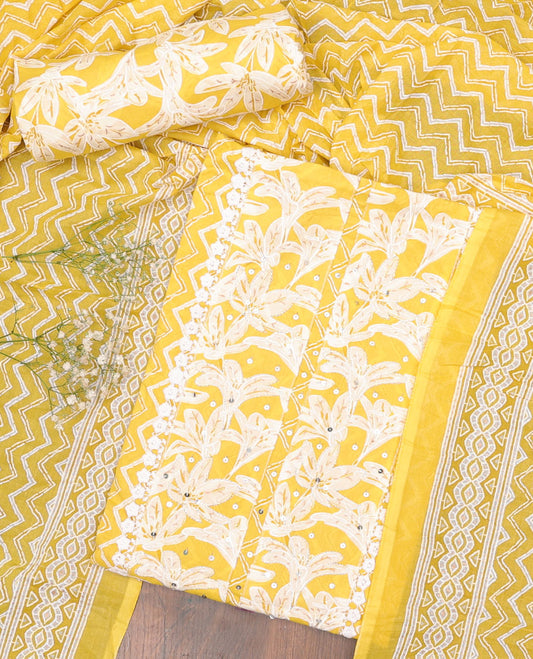 Yellow chudidhar material set,chevron print & embroidered top, floral printed bottom & chevron striped dupatta