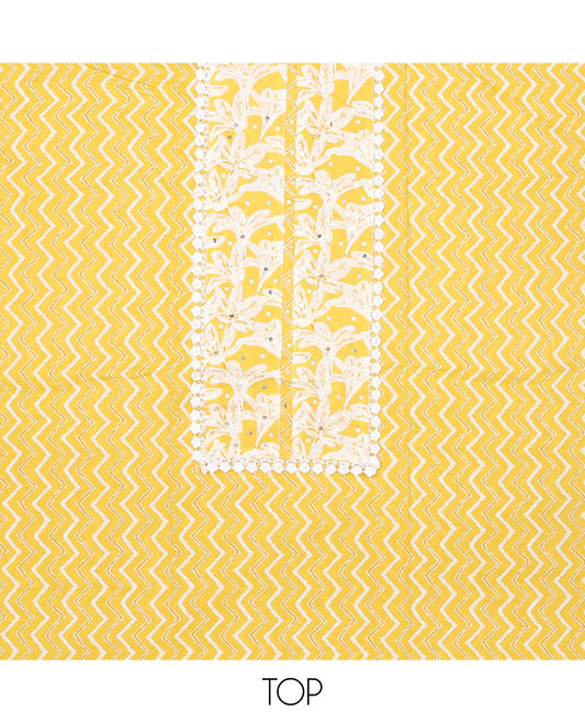 Yellow chudidhar material set,chevron print & embroidered top, floral printed bottom & chevron striped dupatta