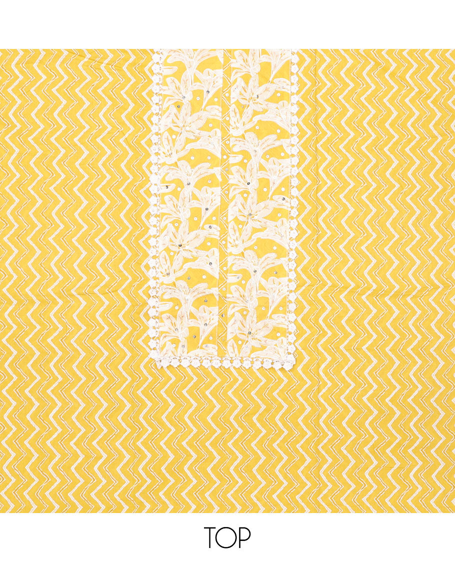 Yellow chudidhar material set,chevron print & embroidered top, floral printed bottom & chevron striped dupatta