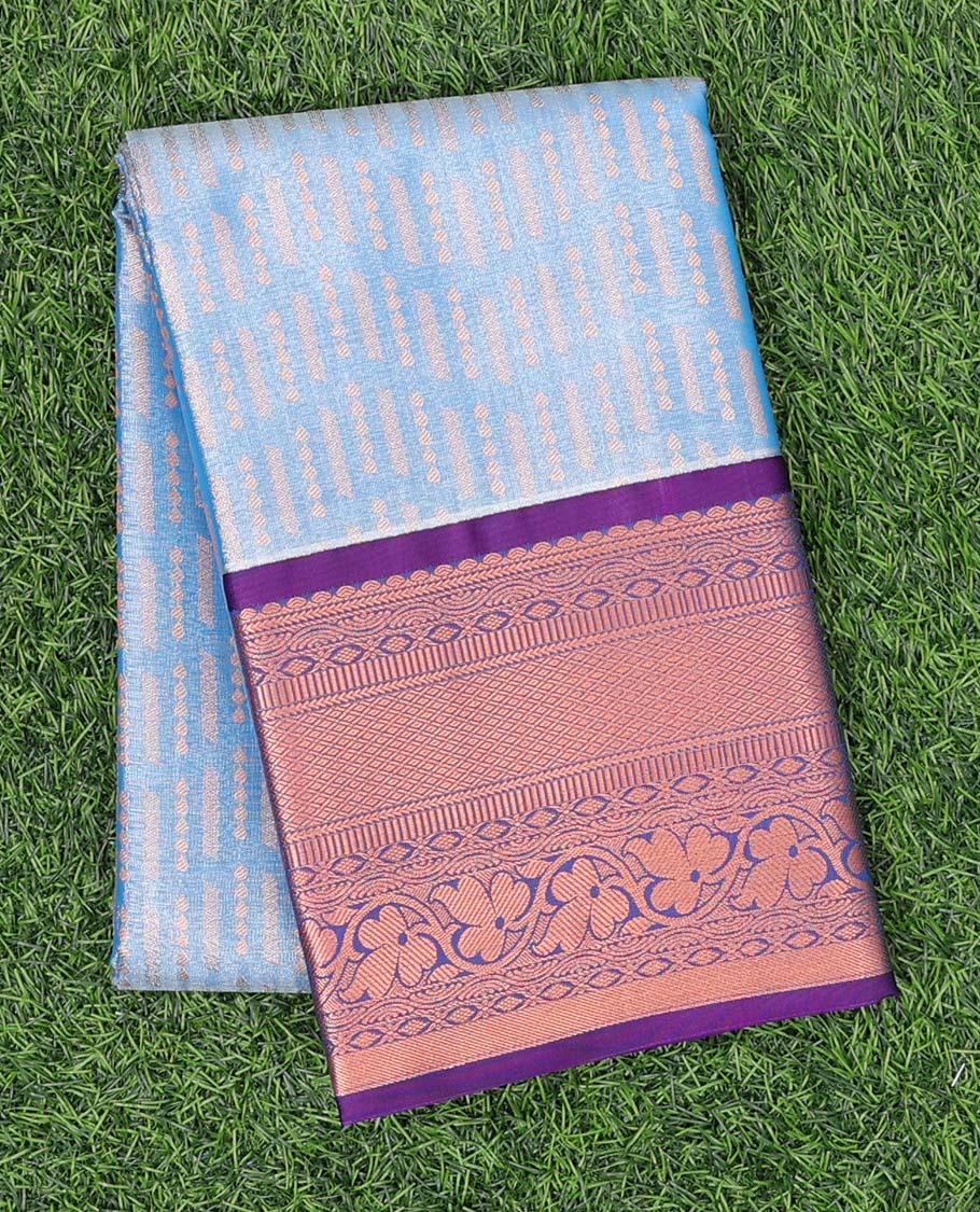 Blue jacquard art-silk pavadai, contrast blouse & border of traditional designs