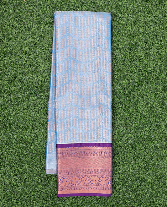 Blue jacquard art-silk pavadai, contrast blouse & border of traditional designs