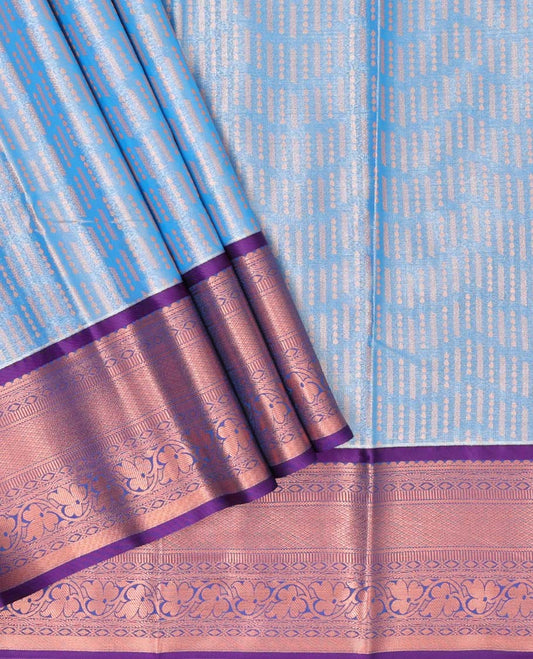 Blue jacquard art-silk pavadai, contrast blouse & border of traditional designs