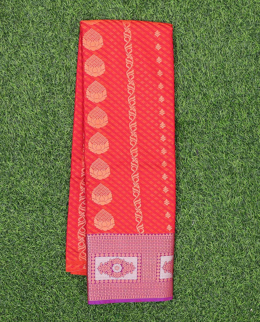 Red embossed art-silk pavadai with zari buttas, contrast blouse & border of traditional designs