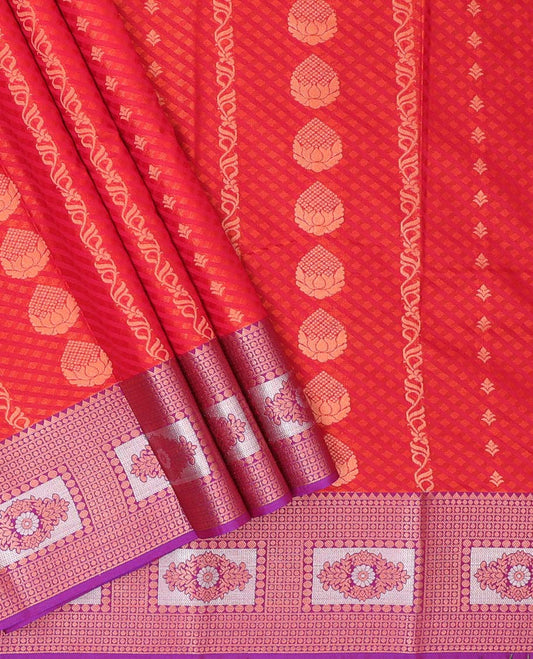 Red embossed art-silk pavadai with zari buttas, contrast blouse & border of traditional designs