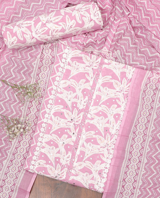 Pink chudidhar material set,chevron print & embroidered top, floral printed bottom & chevron striped dupatta