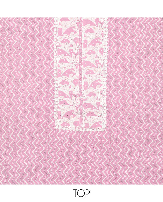 Pink chudidhar material set,chevron print & embroidered top, floral printed bottom & chevron striped dupatta