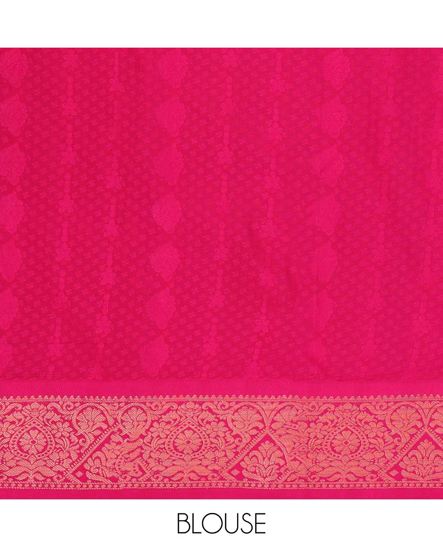 Blue embossed art-silk pavadai with zari buttes, contrast blouse & border of traditional designs