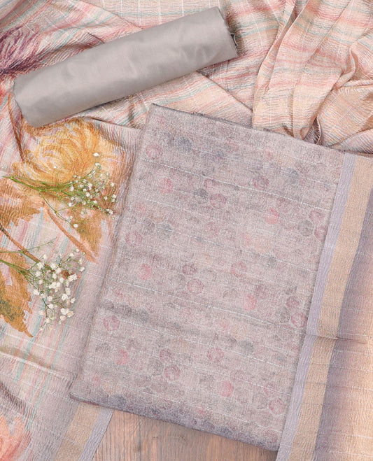Grey chudidhar material set, ogee patterned printed top, plain bottom & abstract & floral printed dupatta