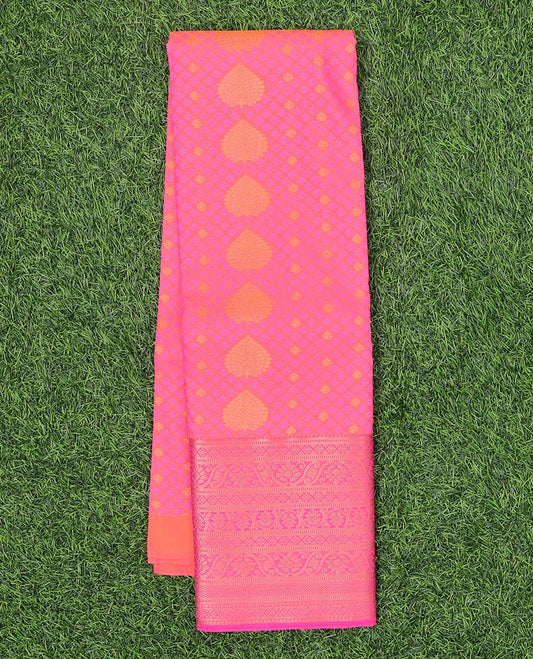 Pink embossed art-silk pavadai with zari buttas , self blouse & border of traditional designs