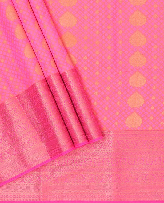 Pink embossed art-silk pavadai with zari buttas , self blouse & border of traditional designs