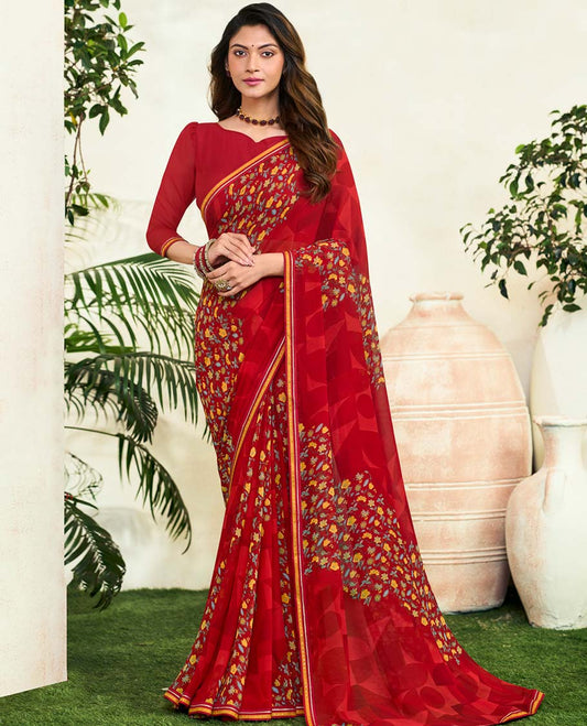 Red floral motifs & geometric printed casual wear catalog saree, lace border