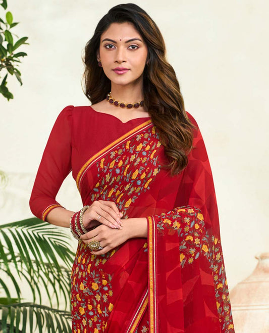 Red floral motifs & geometric printed casual wear catalog saree, lace border