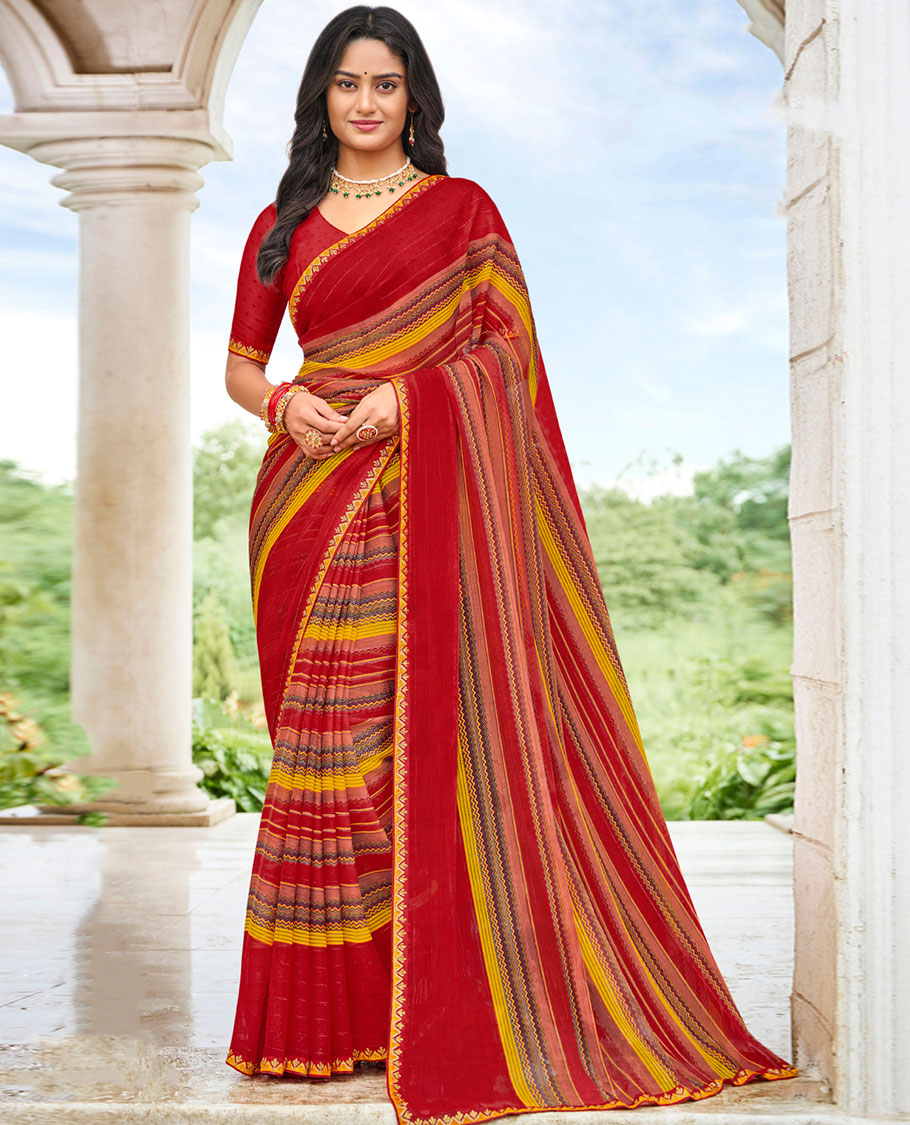 Multi-color chevron striped casual wear catalog saree, lace border