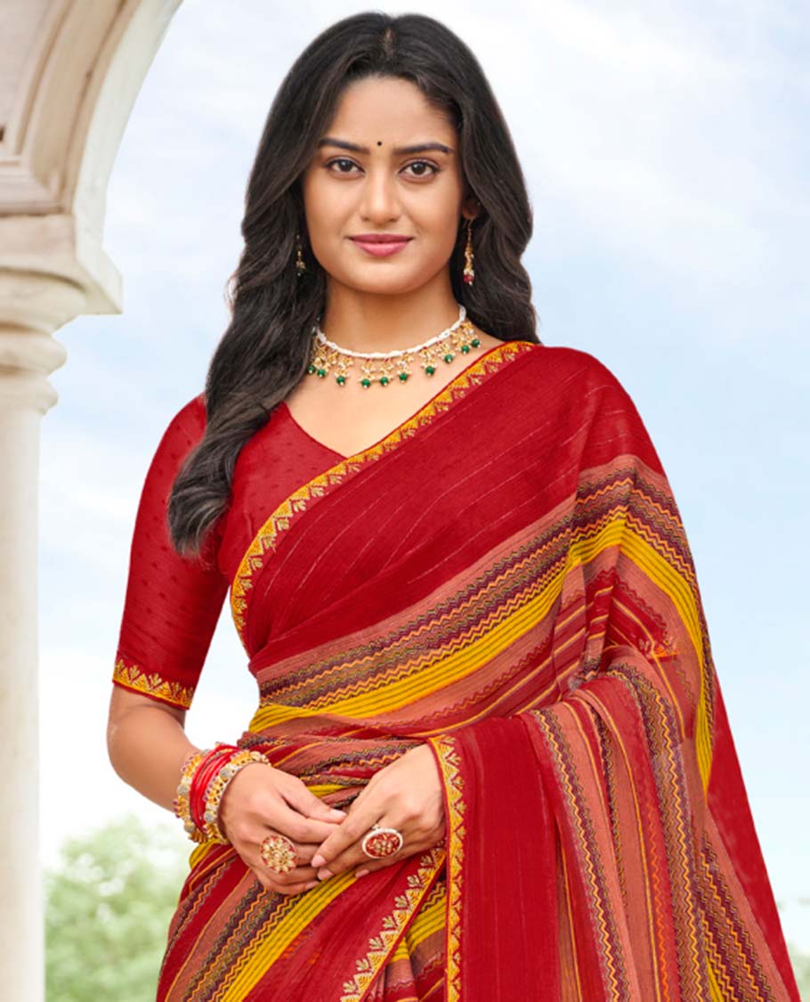 Multi-color chevron striped casual wear catalog saree, lace border