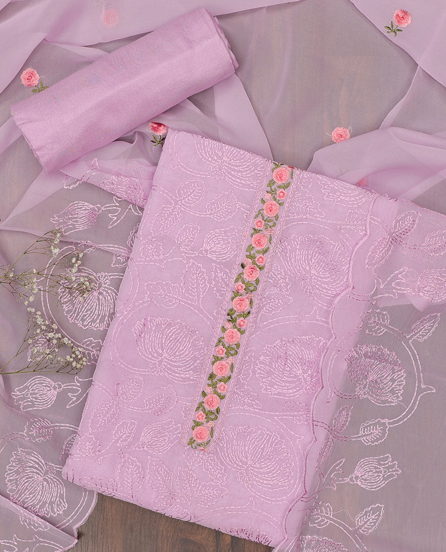 Pink chudidhar material set, floral embroidered top, plain bottom & floral embroidered scallop dupatta