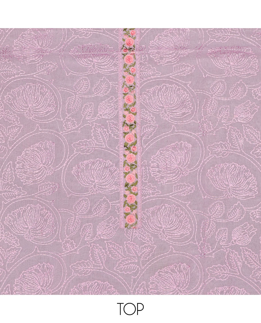 Pink chudidhar material set, floral embroidered top, plain bottom & floral embroidered scallop dupatta