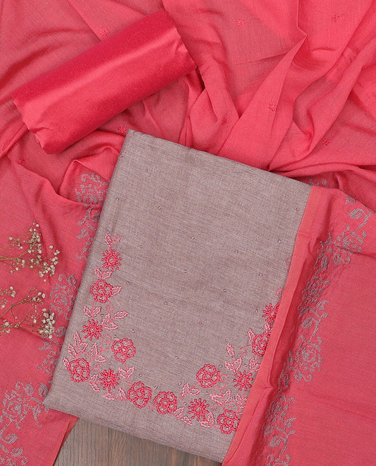 Grey chudidhar material set, floral embroidered kota cotton top, contrast plain bottom, floral embroidered dupatta
