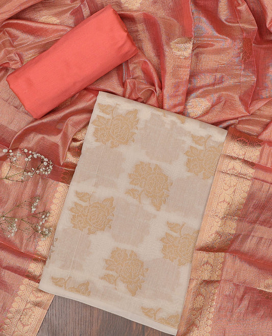 Cream chudidhar material set, floral motifs chanderi cotton top, contrast plain bottom, floral motifs dupatta