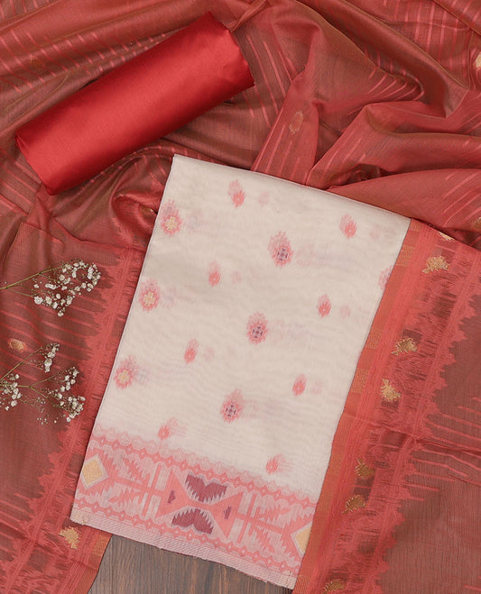 Cream chudidhar material set, unique motifs chanderi cotton top, contrast plain bottom, uniquely designed dupatta